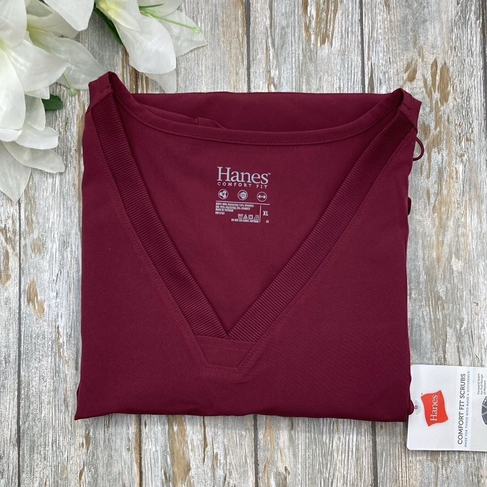 Hanes Comfort Fit Short Sleeve Ribbed Side Panel V-Neck Scrub Top Shirt Size XL